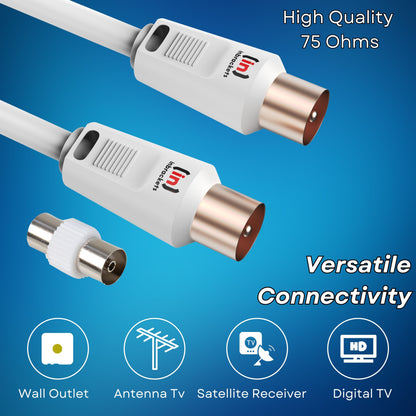 TV Aerial Coaxial Cable Male to Male - 75 Ohm, Shielded Connectors, Gold Plated for Satellite, Digital TV, and Antenna White