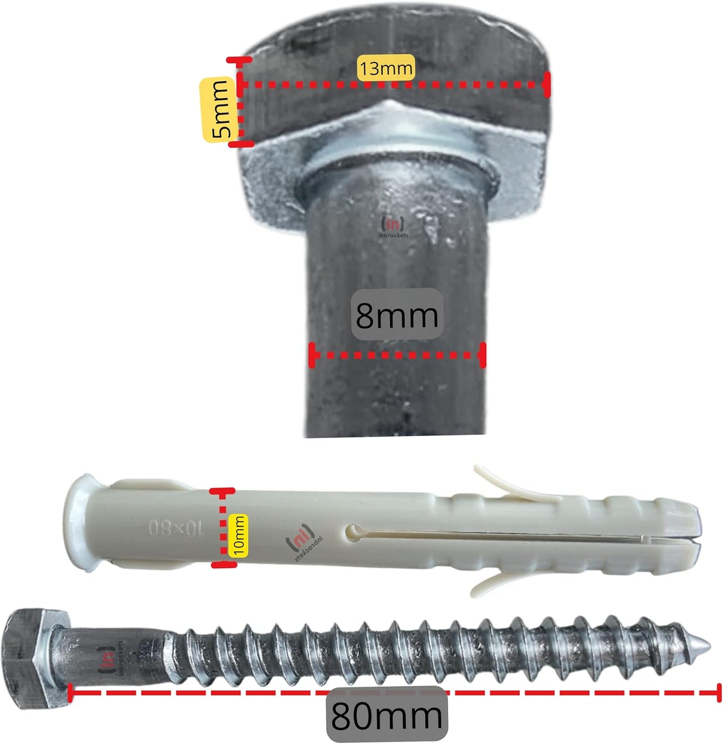 Inbrackets M8 x 80mm Heavy-Duty Masonry Fixing Bolt Kit Plugs