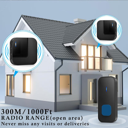 Wireless Doorbell, Plug in 1000ft Long Range Door Bell Chime, IP65 Waterproof Electric Cordless Door Bell Kits, 55 Melodies, 5 Volume Levels, 1 Battery Operated Button and 2 Receivers
