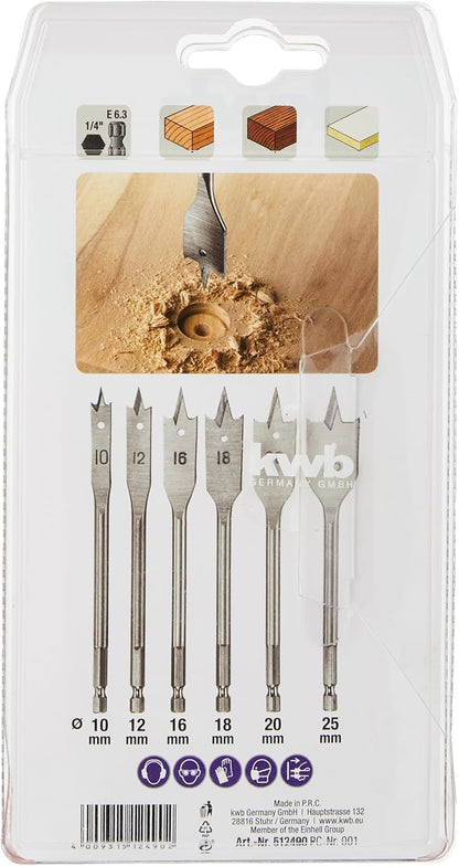kwb 6-Piece Flat Drill Set for Wood 10–25mm C45 Steel