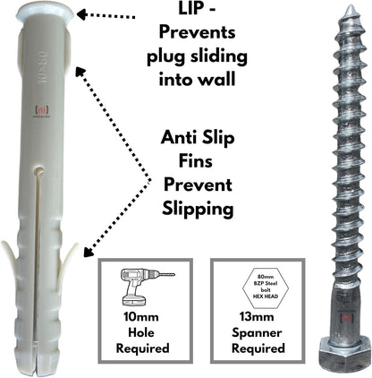 Inbrackets M8 x 80mm Heavy-Duty Masonry Fixing Bolt Kit Plugs