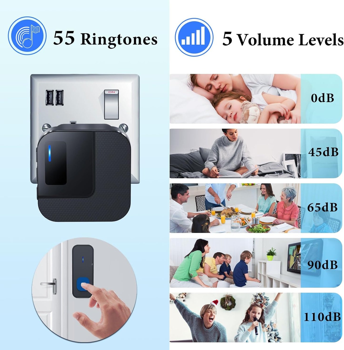 Wireless Doorbell, Plug in 1000ft Long Range Door Bell Chime, IP65 Waterproof Electric Cordless Door Bell Kits, 55 Melodies, 5 Volume Levels, 1 Battery Operated Button and 2 Receivers