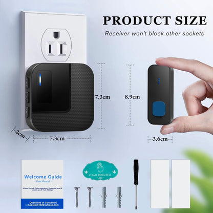 Wireless Doorbell, Plug in 1000ft Long Range Door Bell Chime, IP65 Waterproof Electric Cordless Door Bell Kits, 55 Melodies, 5 Volume Levels, 1 Battery Operated Button and 2 Receivers
