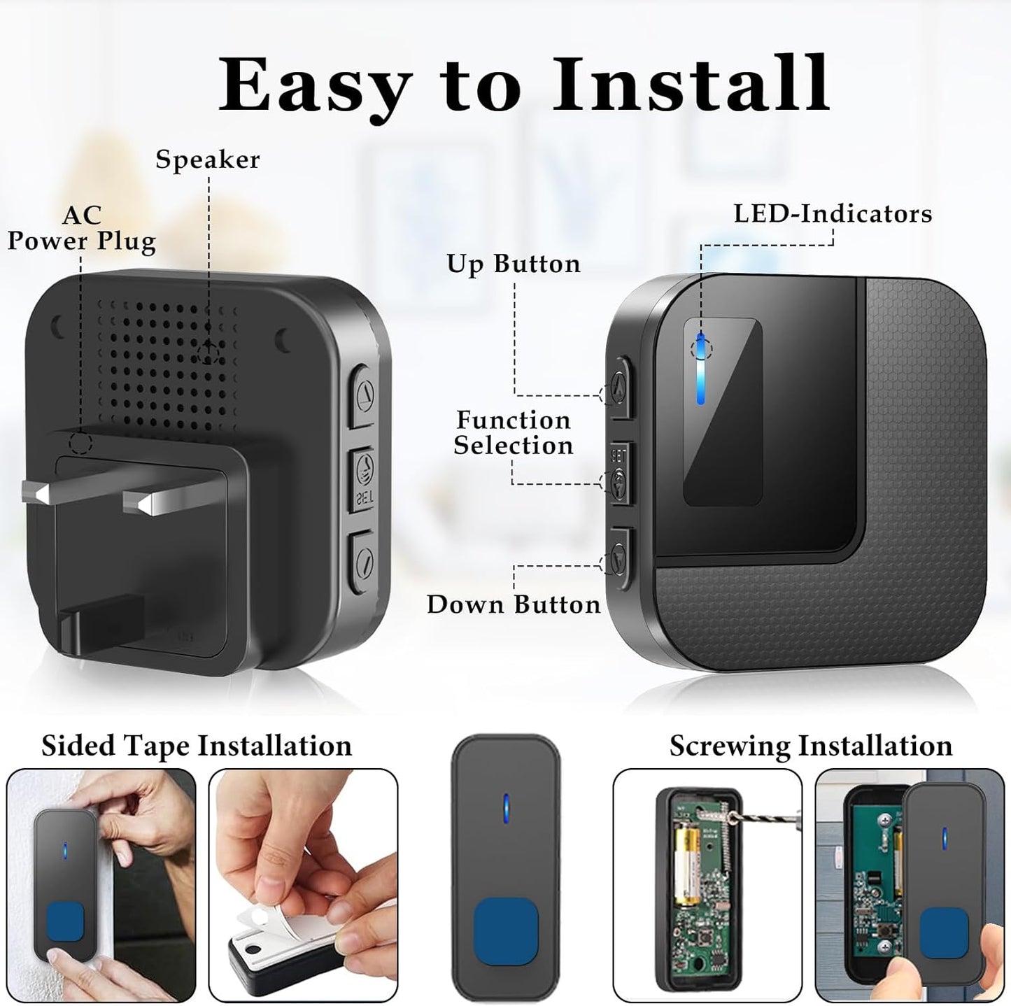 Wireless Doorbell, Plug in 1000ft Long Range Door Bell Chime, IP65 Waterproof Electric Cordless Door Bell Kits, 55 Melodies, 5 Volume Levels, 1 Battery Operated Button and 2 Receivers