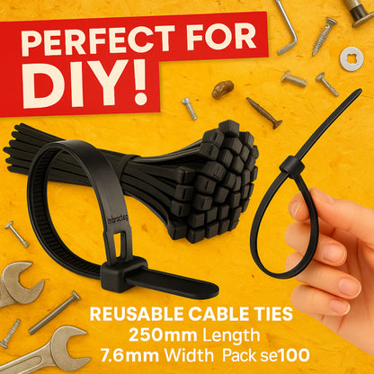 RELEASABLE REUSABLE CABLE TIES BLACK STRONG ZIP TIE WRAPS PLASTIC NYLON