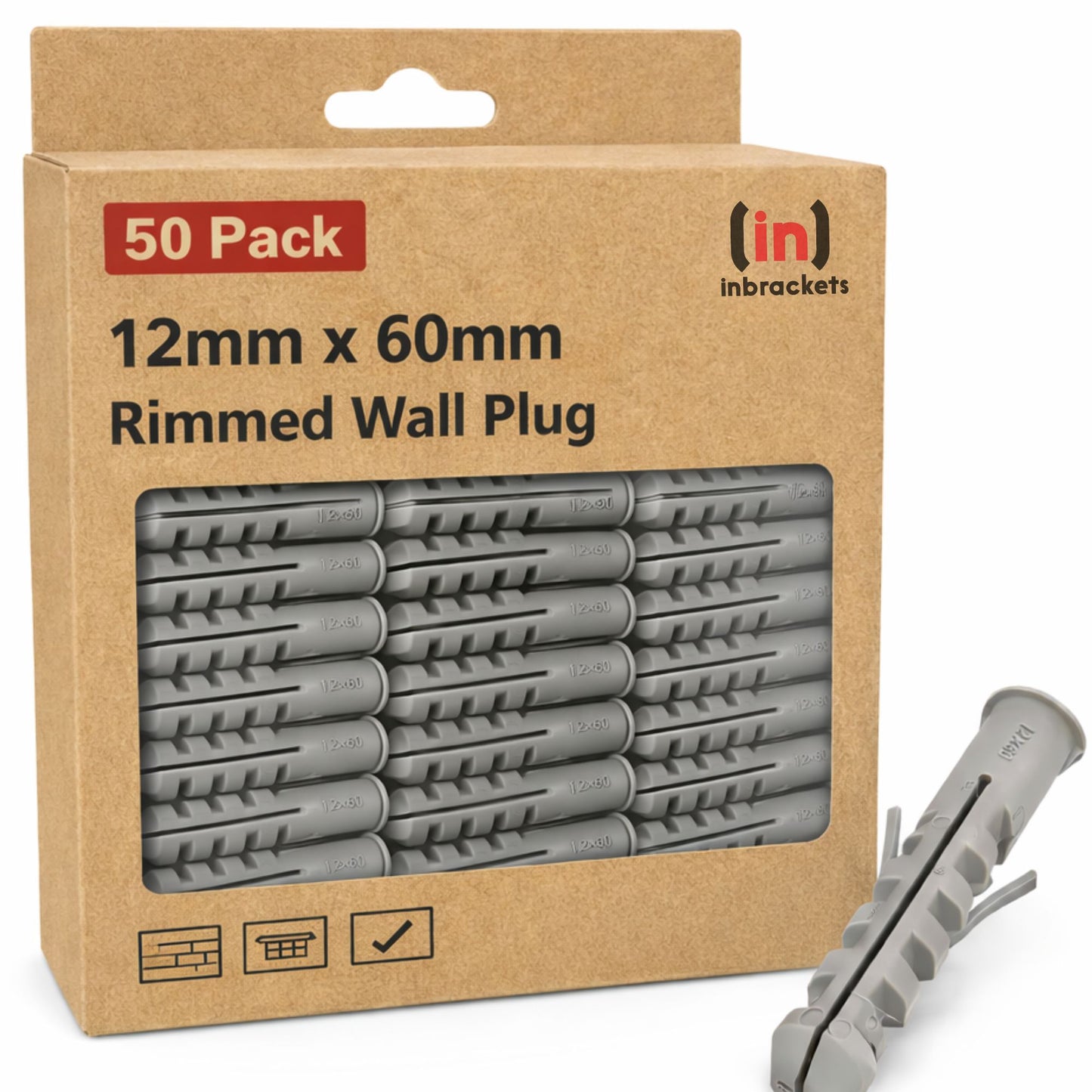 Inbrackets Rimmed Nylon Wall Plugs 12 x 60mm Heavy Duty