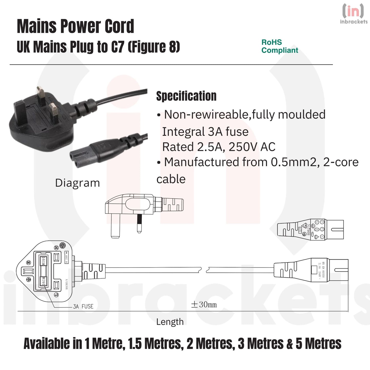 2m UK Plug to Figure 8 C7 Power Cable PS4 PS5 TV Xbox Series X