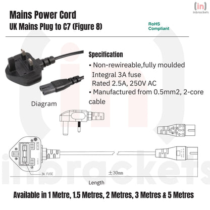 2m UK Plug to Figure 8 C7 Power Cable PS4 PS5 TV Xbox Series X