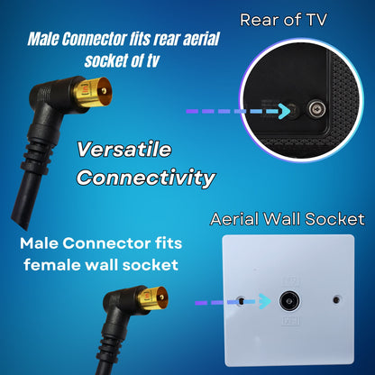 High-Quality Black TV Aerial Cable with Gold Plated Right Angles Connectors