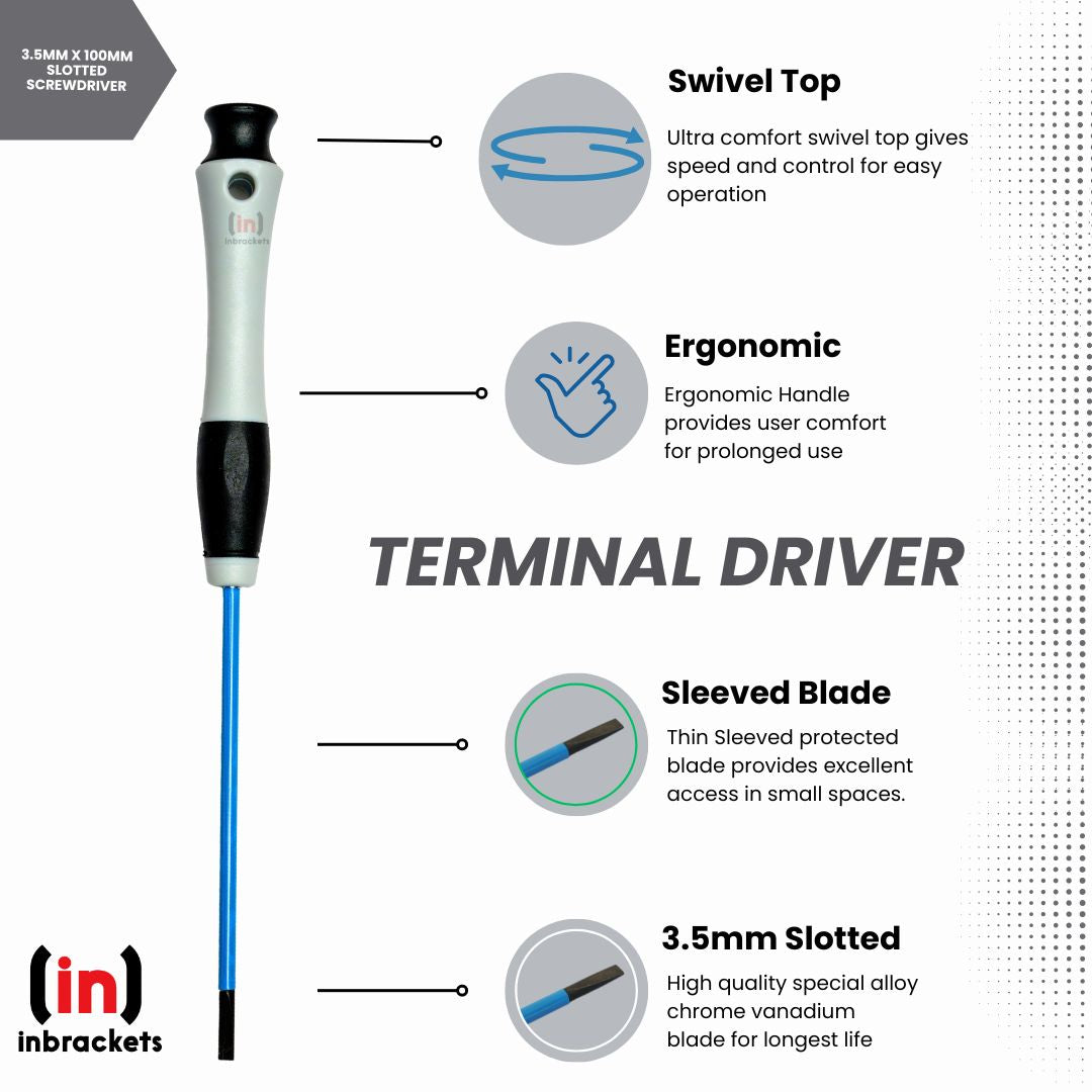 Inbrackets Professional Insulated Terminal Screwdriver Set - 2-Pack 3.5mm x 100mm Slotted Precision Screwdrivers for Electricians and DIY