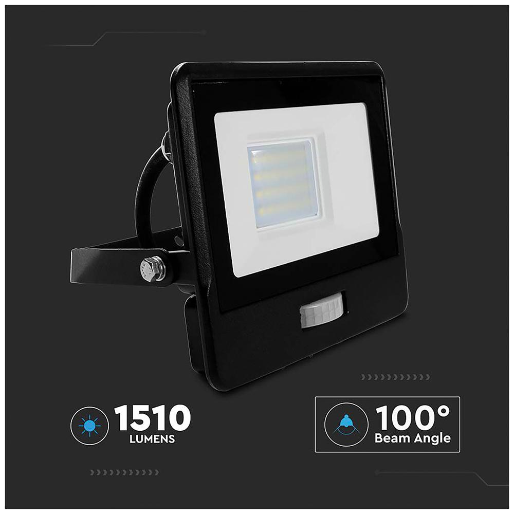 V-TAC 20W LED PIR Floodlight 3000K 1510lm Black IP65 Sensor  VT-128S-1-B 20283
