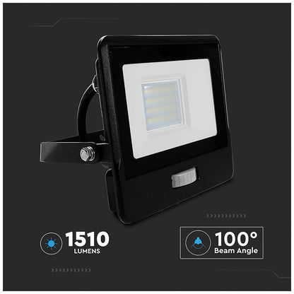 V-TAC 20W LED PIR Floodlight 3000K 1510lm Black IP65 Sensor  VT-128S-1-B 20283