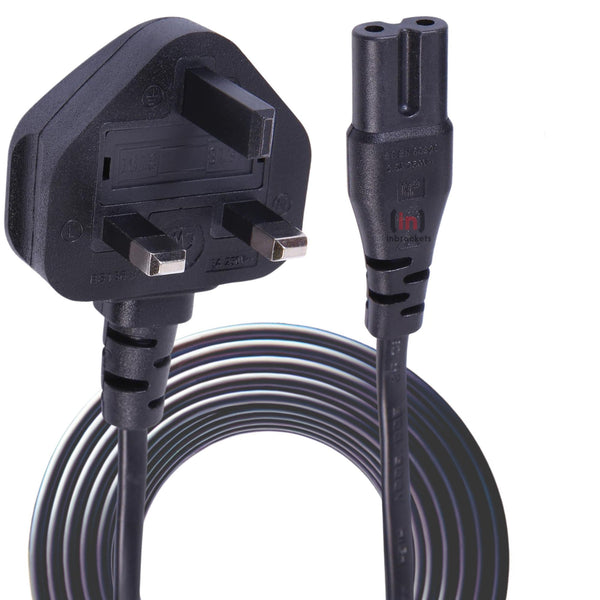 Black UK Mains Plug to C7 Lead, Suitable for Multiple Electronic Devices. Image Shows the Plug and Cable in Close-up for Detail