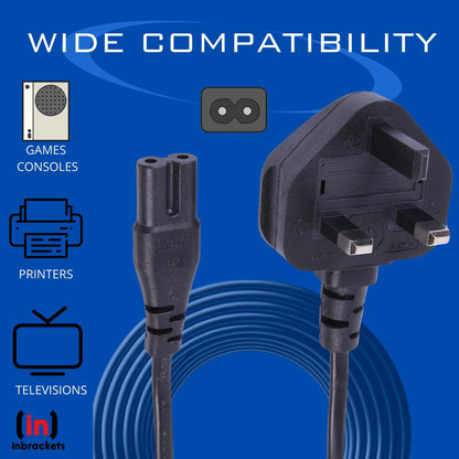 black UK mains plug to C7 lead, suitable for multiple electronic devices. Image shows the plug and cable in close-up for detail
