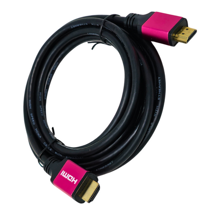 Black HDMI cable with gold-plated connectors and red and black color-coded ends.