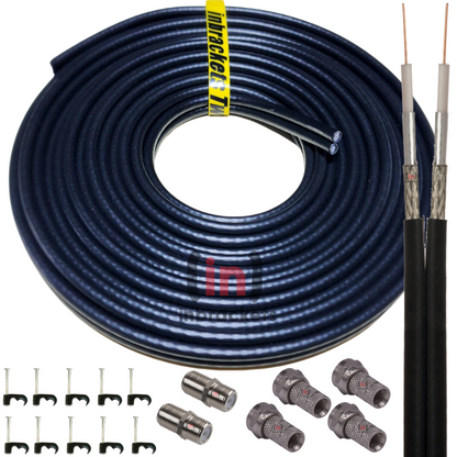 Sky Cable Twin Coax F Plugs Q Satellite Coaxial Cable Shotgun DIY Kit Black