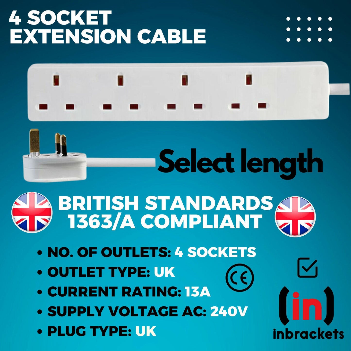 4 way Mains Extension Lead Cable Power 4 plugs Gang Socket Electric