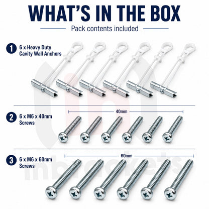 Plasterboard Toggle Fixings Hollow Wall Anchors TV Bracket Radiator Pack 6