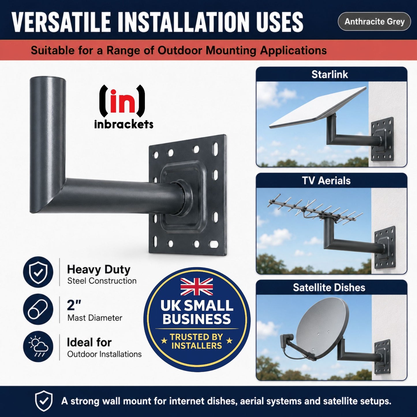 Inbrackets Wall Mount with Applications for Starlink, TV Aerials, and Satellite Dishes on a White Background.