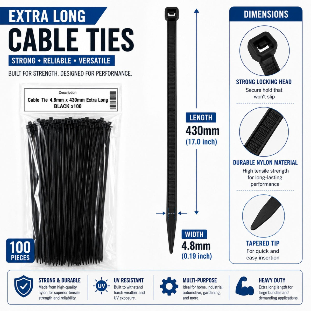 Extra Long Cable Ties 430mm x 8mm Thick Strong Heavy Duty Zip Fasteners 100