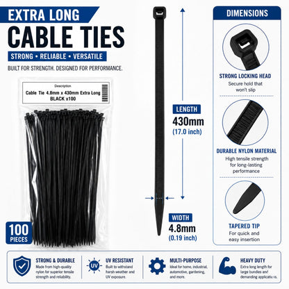 Extra Long Cable Ties 430mm x 8mm Thick Strong Heavy Duty Zip Fasteners 100
