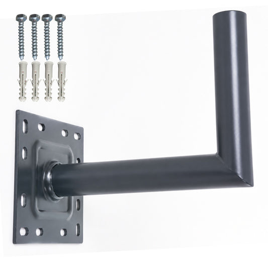 Metal wall mount bracket with arm and screws on a white background