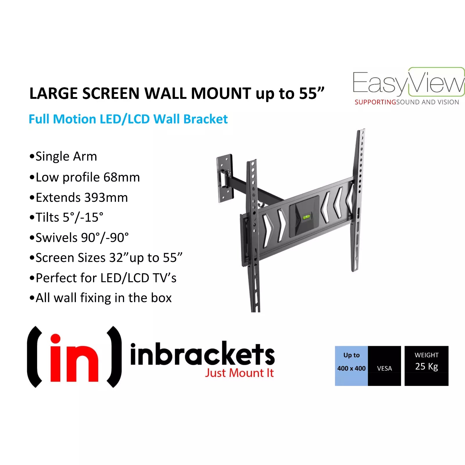Full Motion TV Wall Mount - 32" to 55" Screen upto 25kg WALL FIXINGS INCLUDED uk