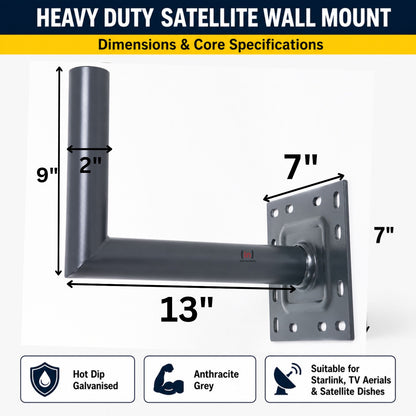 Heavy-Duty Satellite Wall Mount with Dimensions and Specifications on a White Background