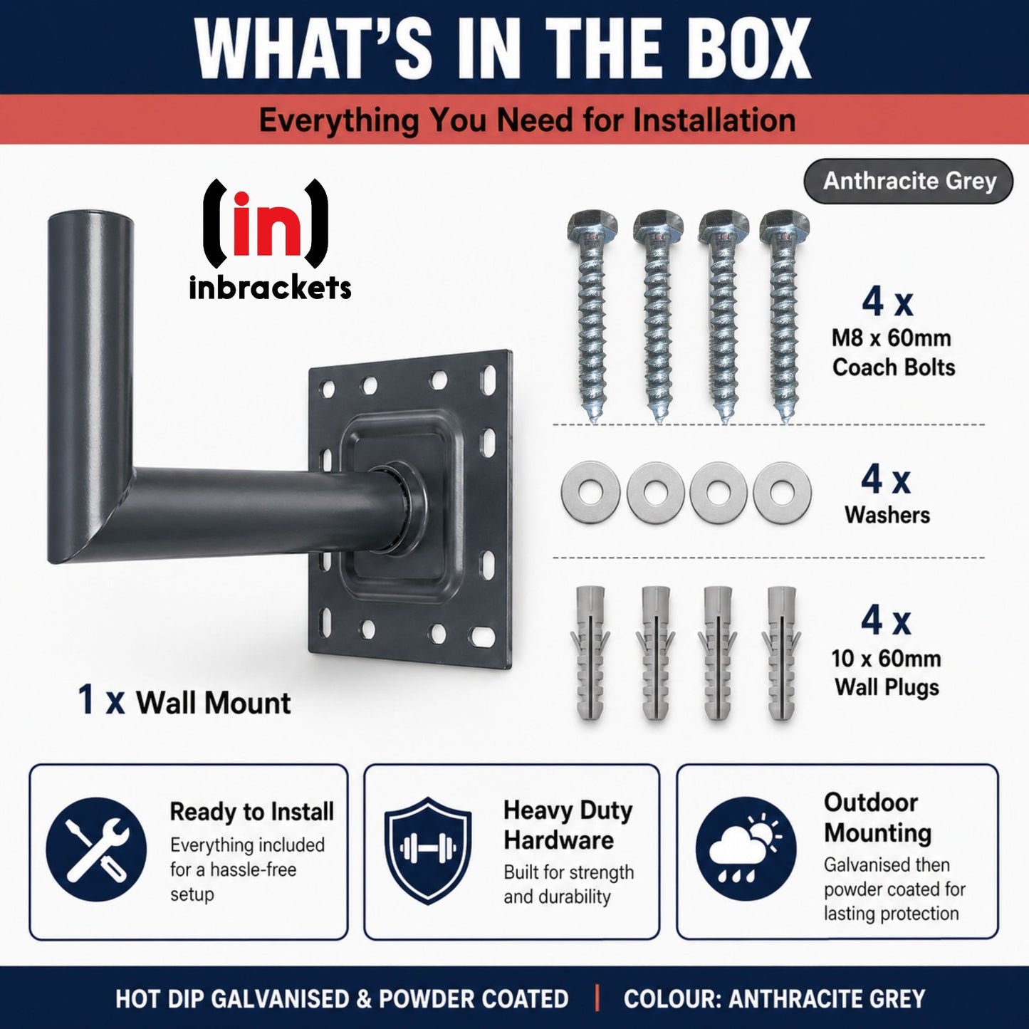Inbrackets Wall Mount Kit with Components and Specifications on a White Background