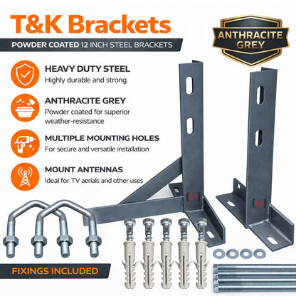T&K Brackets with Powder-Coated Steel Brackets and Fixing Hardware on a White Background.