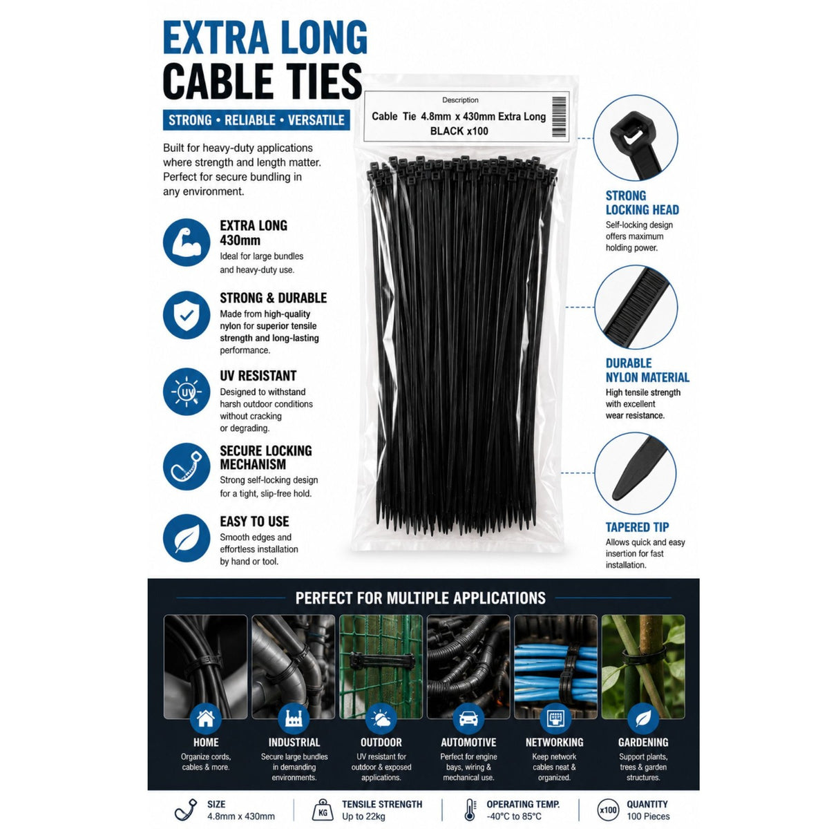 Extra Long Cable Ties 430mm x 8mm Thick Strong Heavy Duty Zip Fasteners 100