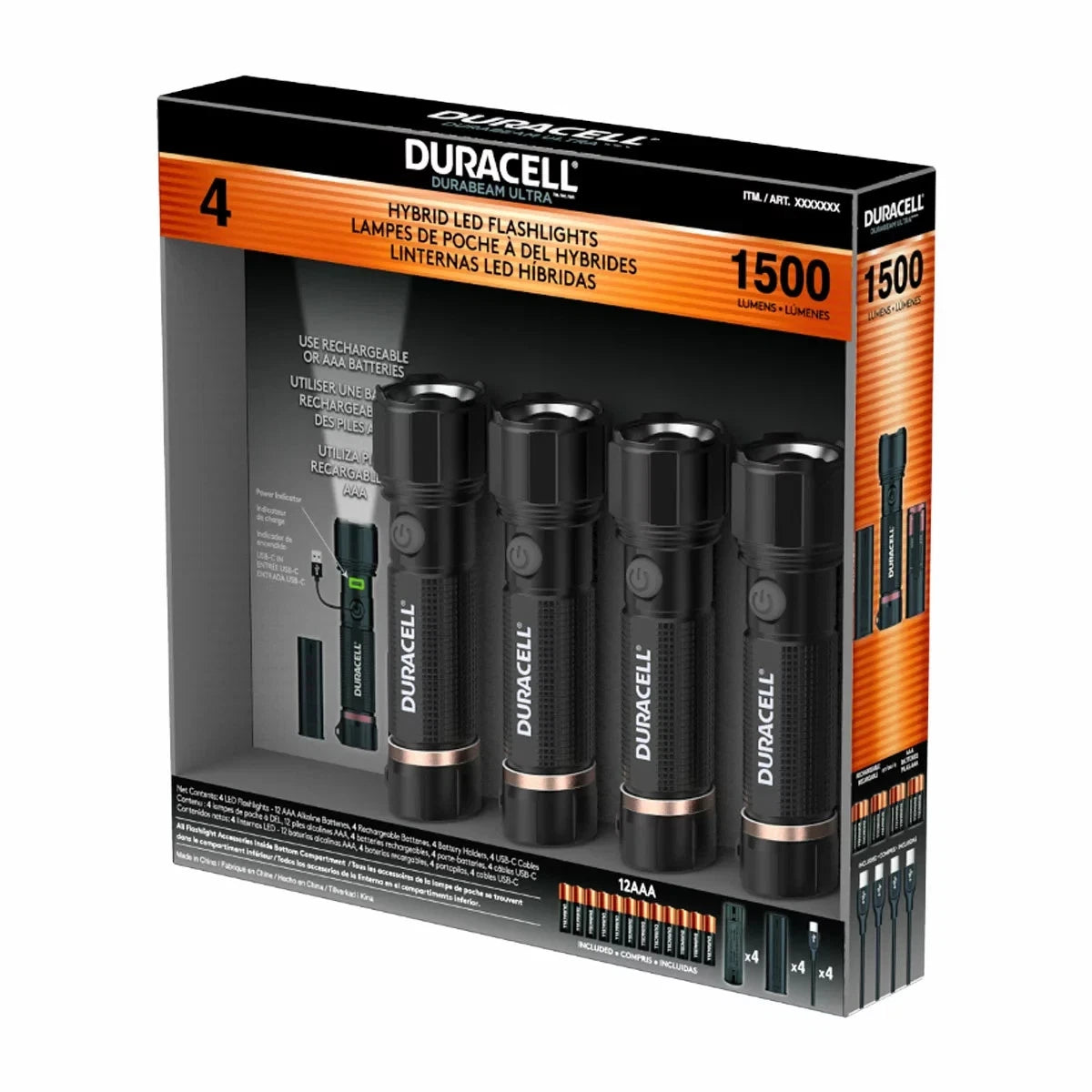 Duracell Torch 1500 Lumen Hybrid LED Flashlight Set 4 Pack USB-C Rechargeable