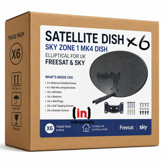 Box of 6 satellite dishes with mounting brackets and accessories on a white background