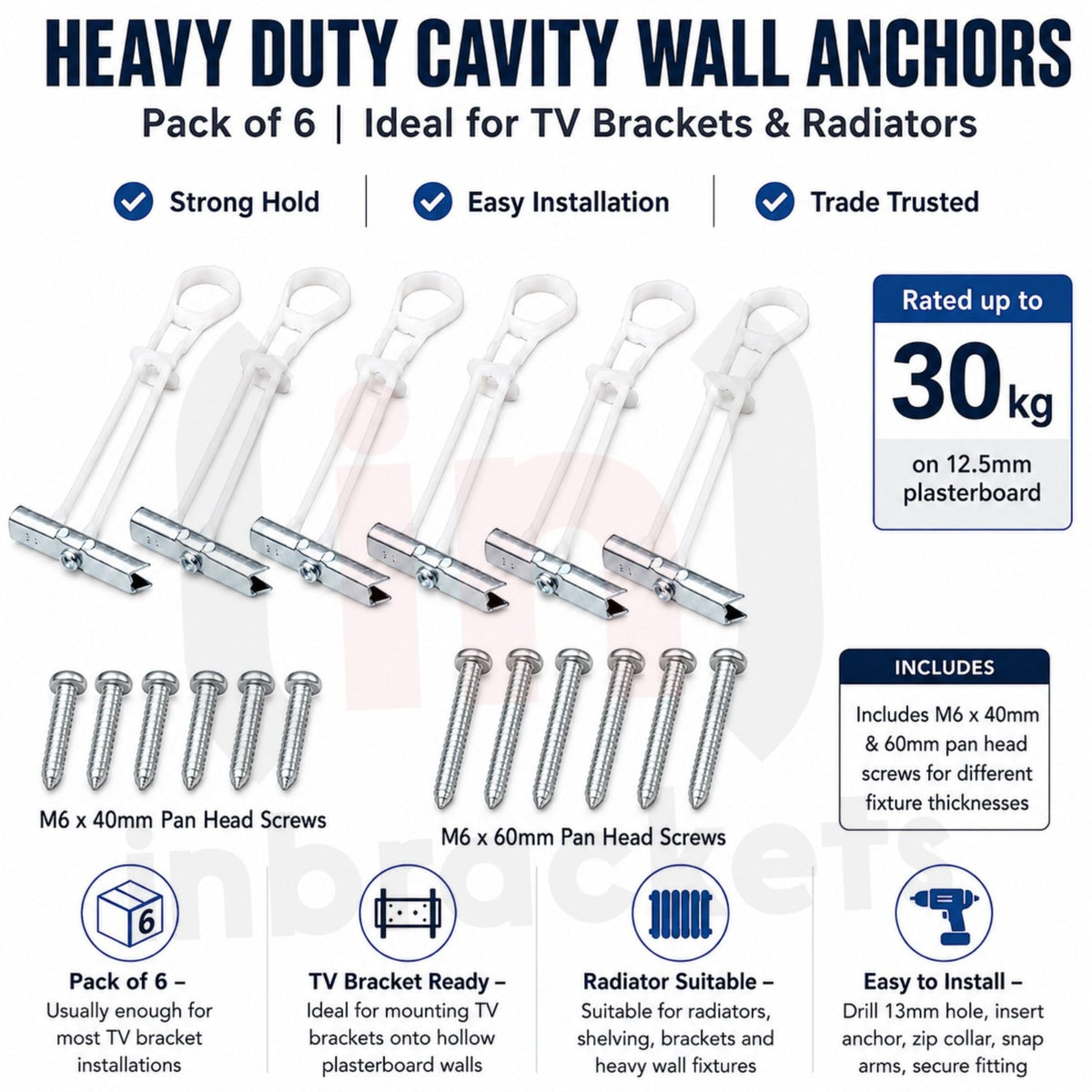 Plasterboard Toggle Fixings Hollow Wall Anchors TV Bracket Radiator Pack 6
