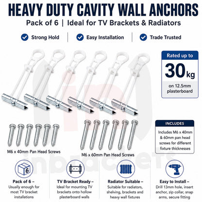 Plasterboard Toggle Fixings Hollow Wall Anchors TV Bracket Radiator Pack 6