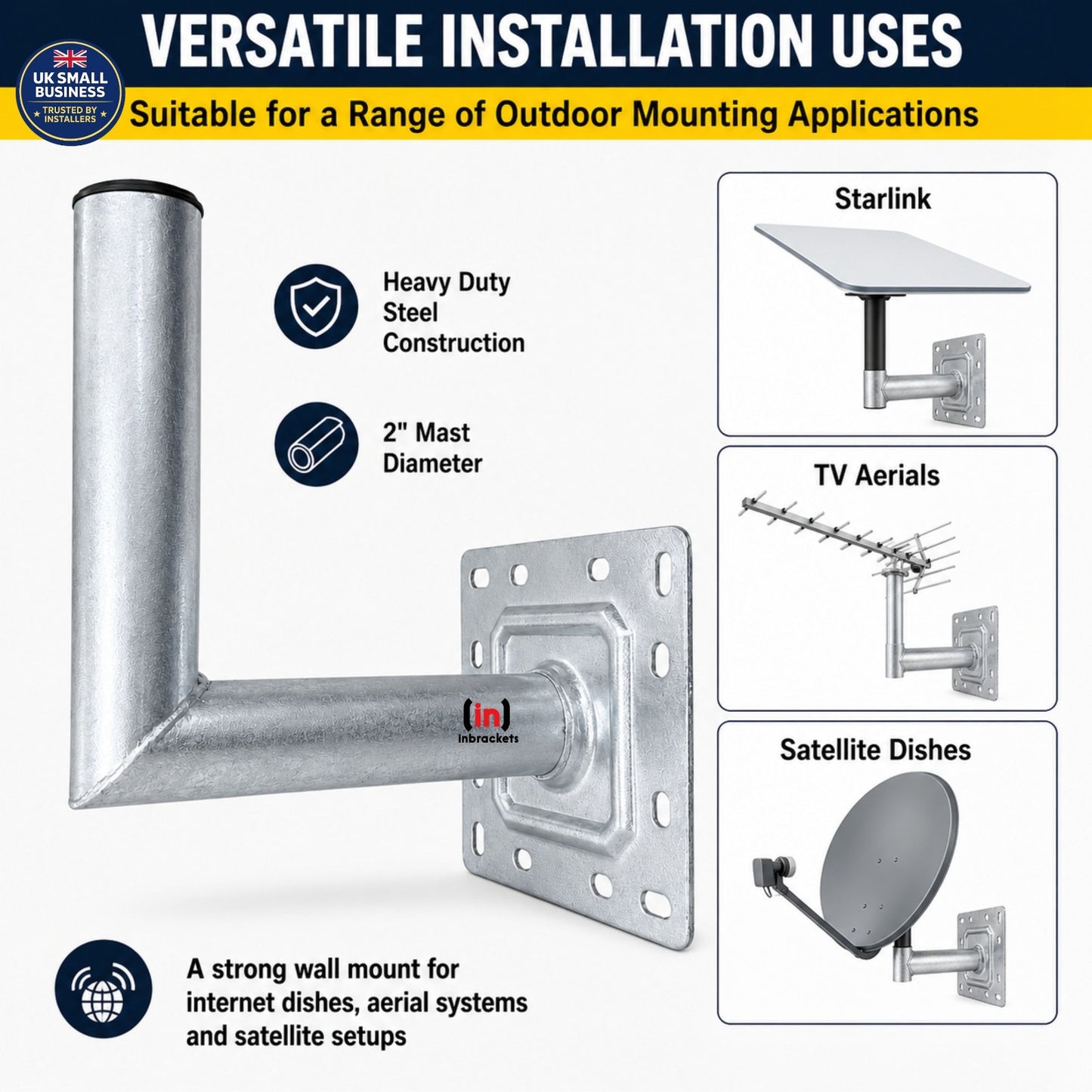 Heavy-Duty Steel Wall Mount with Installation Versatility for Starlink, TV Antennas, and Satellite Dishes.