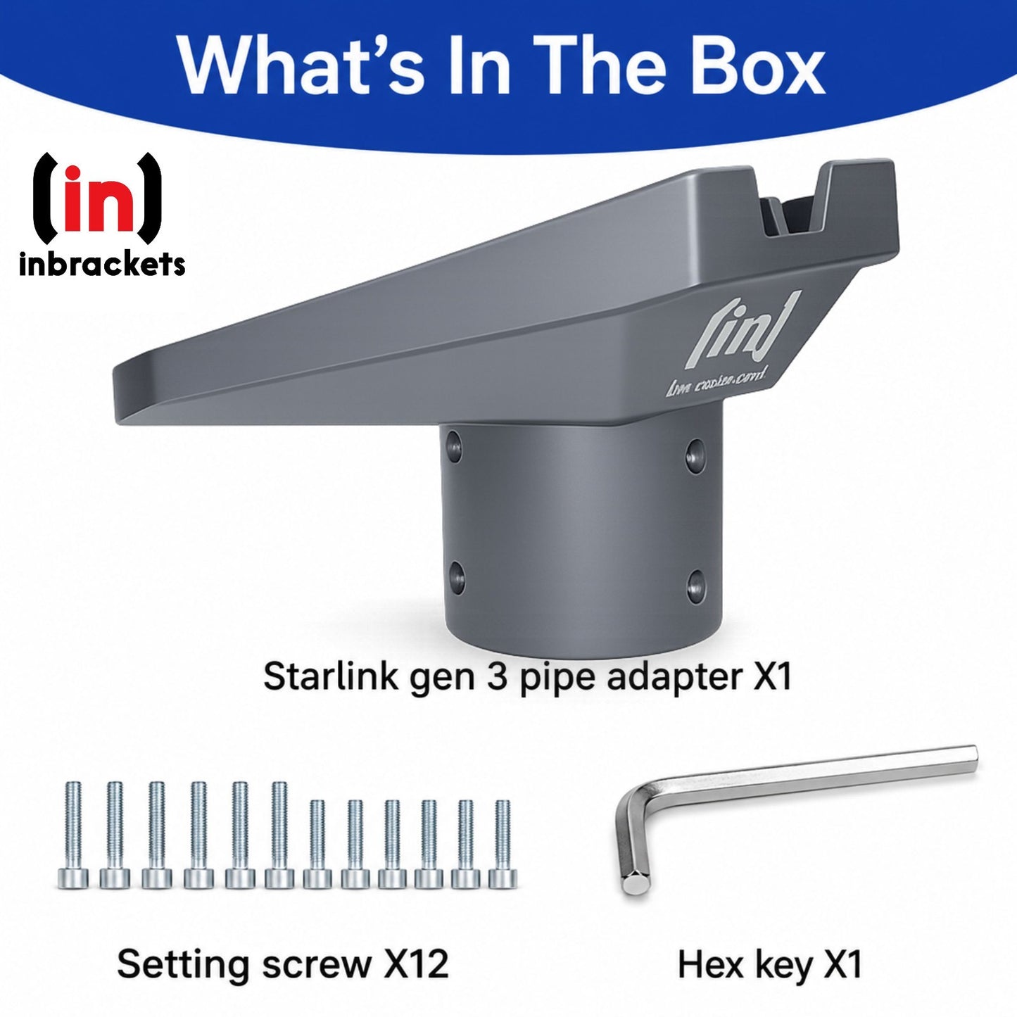 Starlink gen 3 pipe adapter with screws and hex key on a white background