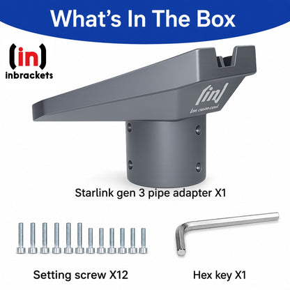 Starlink gen 3 pipe adapter with screws and hex key on a white background