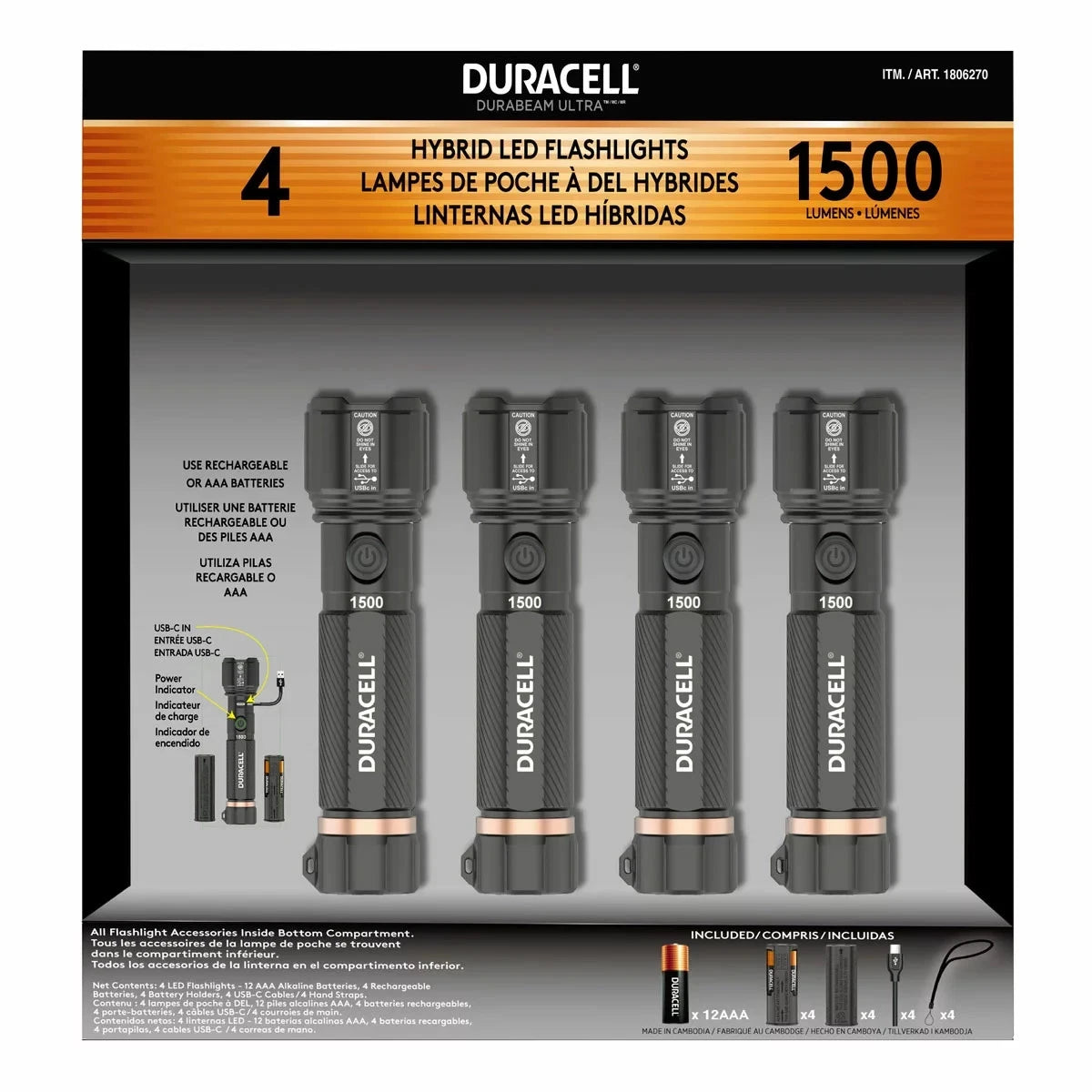 Duracell Torch 1500 Lumen Hybrid LED Flashlight Set 4 Pack USB-C Rechargeable
