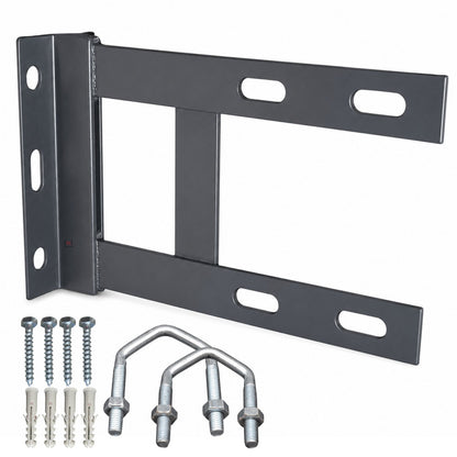 Metal wall mount bracket with screws and brackets on a white background