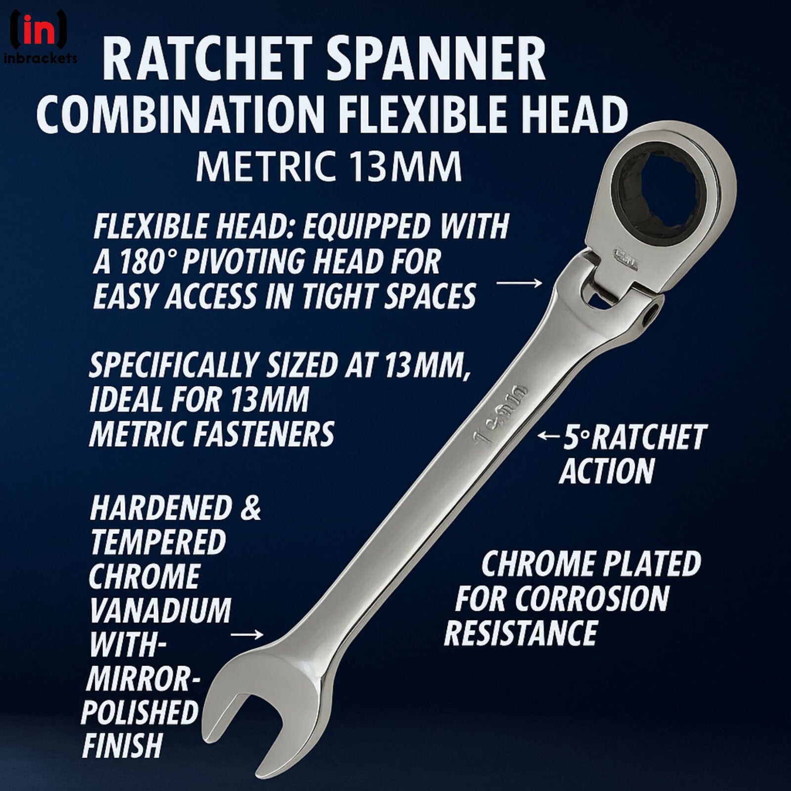 13mm Ratchet Spanner Flexi head Combination Ring Open End Wrench Flex 72 Teeth