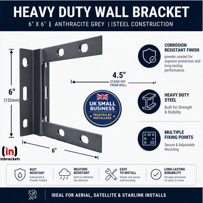 Heavy Duty Wall Bracket with Dimensions and Installation Instructions on a White Background