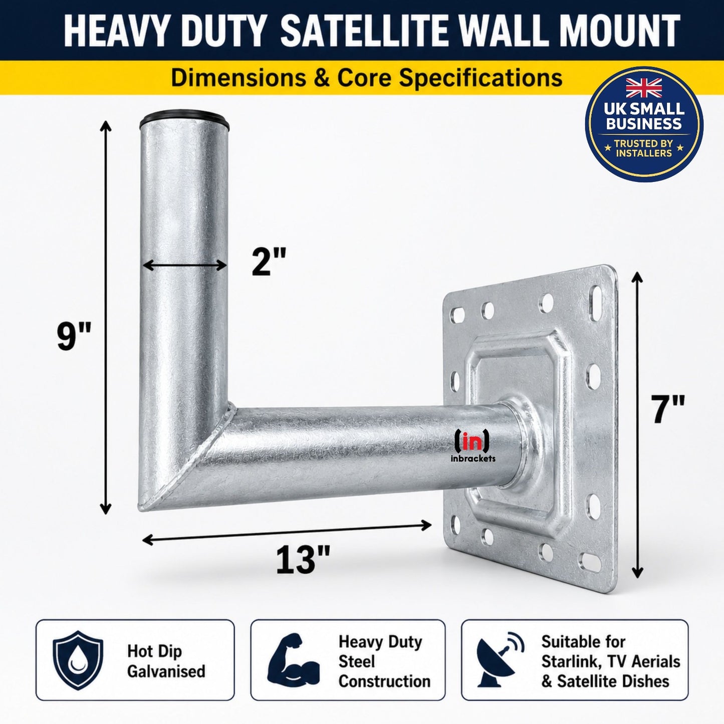Heavy-Duty Satellite Wall Mount with Dimensions and Specifications on a White Background