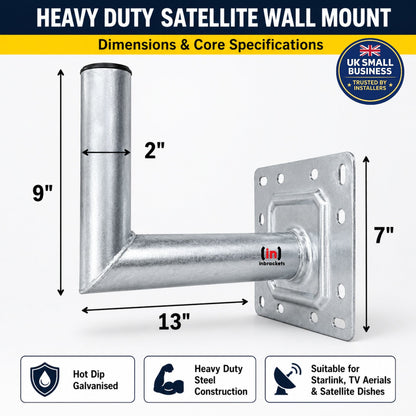 Heavy-Duty Satellite Wall Mount with Dimensions and Specifications on a White Background