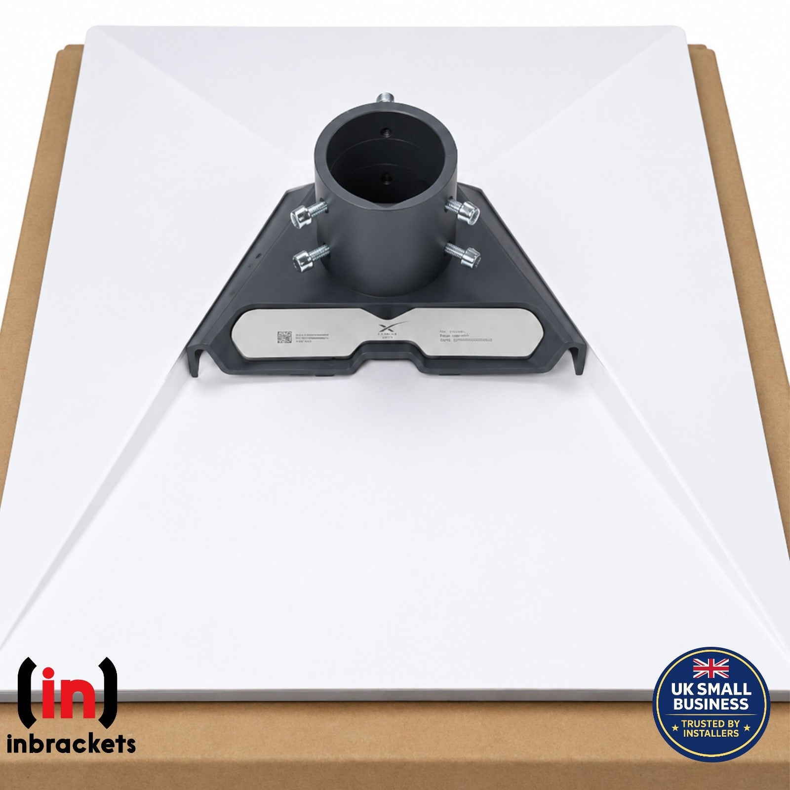 Metal bracket on a white platform with 'in brackets' branding and certification badge.