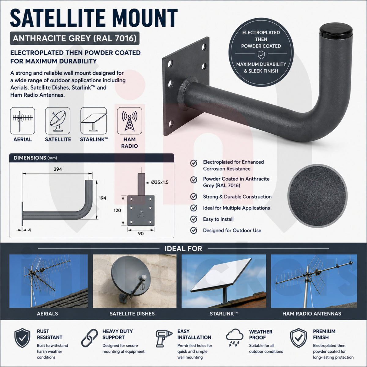 Heavy Duty Starlink TV Aerial Satellite Ham Radio Wall Mount Bracket Grey