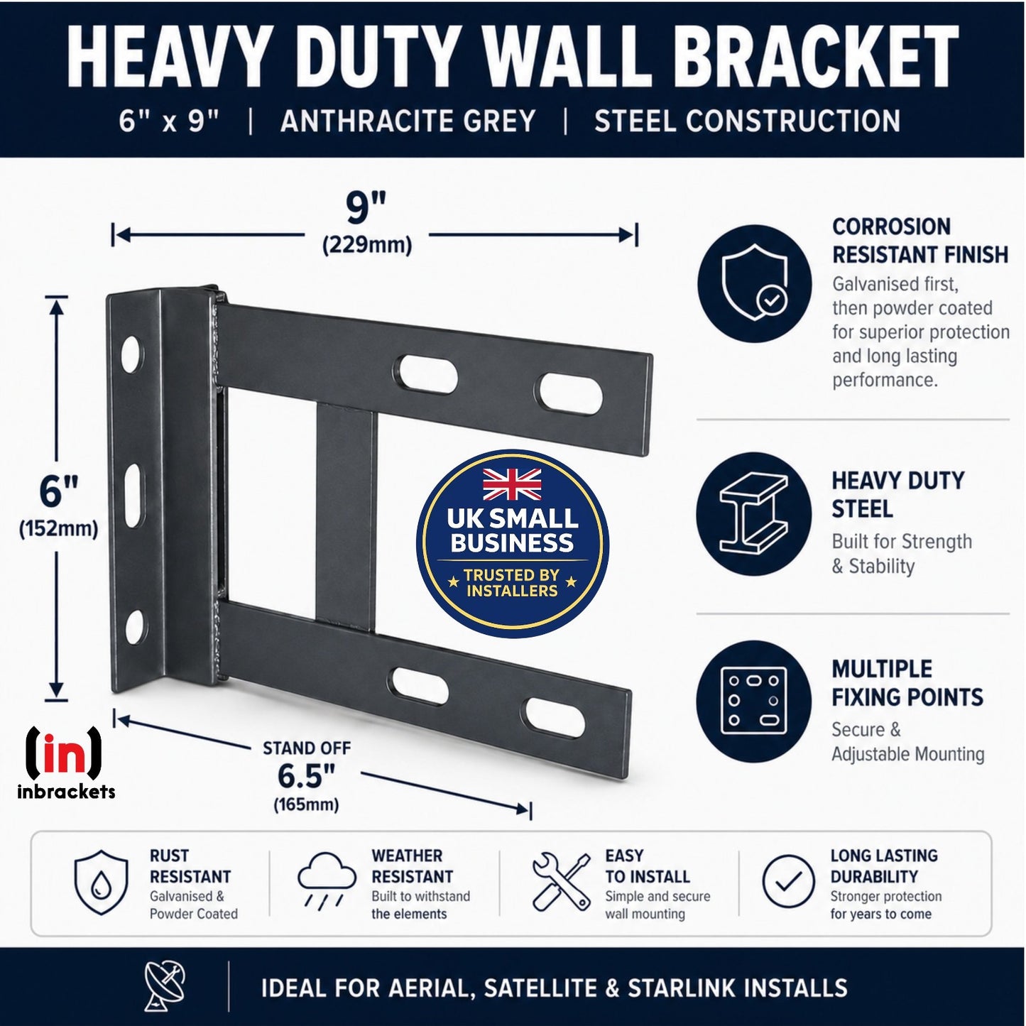 Heavy-duty wall bracket with dimensions and features on a white background