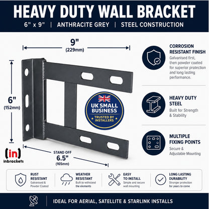 Heavy-duty wall bracket with dimensions and features on a white background