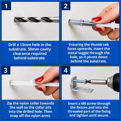 Plasterboard Toggle Fixings Hollow Wall Anchors TV Bracket Radiator Pack 6
