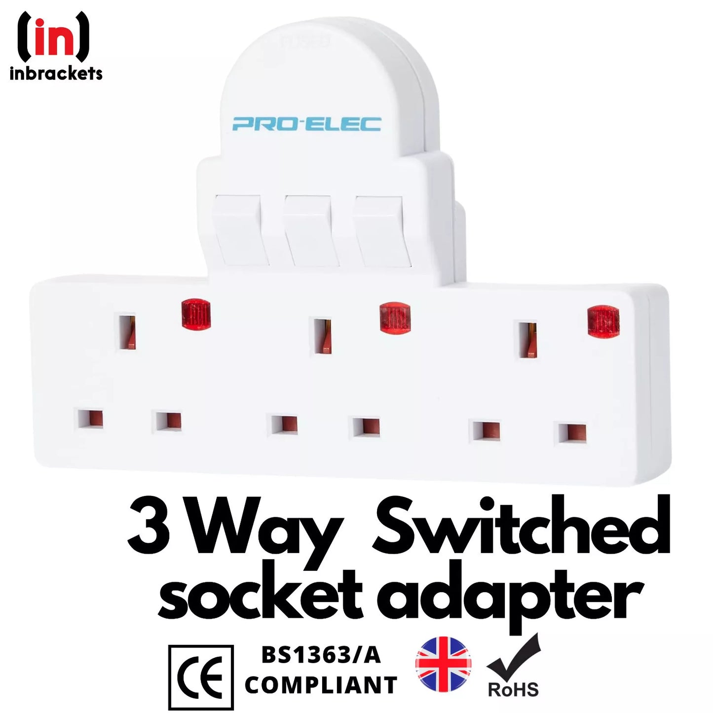 Compact Switched 3 Way UK Wall Socket Adaptor with Neon Indicator